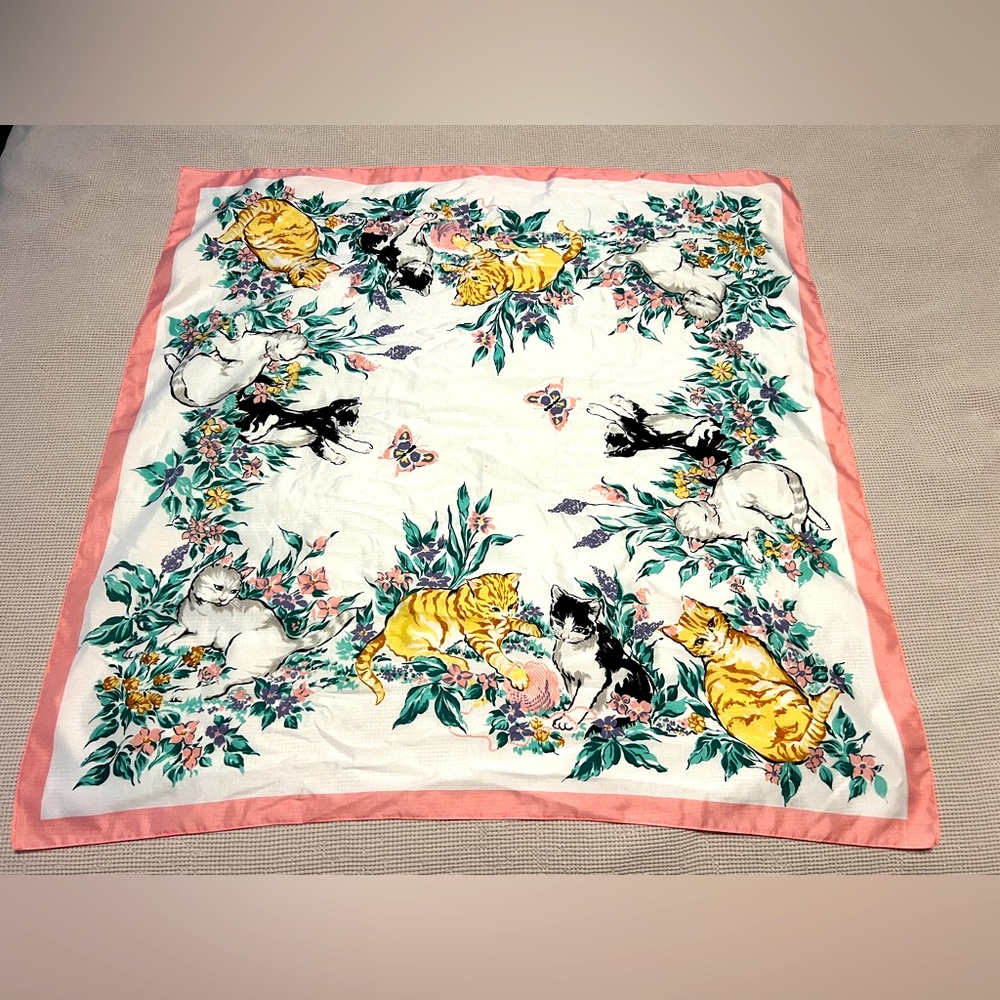 Vintage Avon Floral Cat & Butterfly Print Bedding with Pink Border 29 x29 Sarong